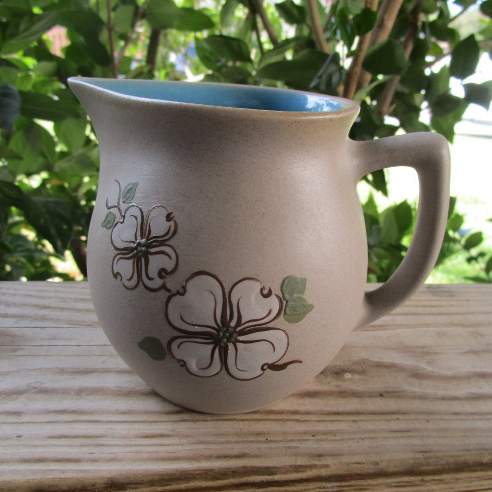 Pigeon Forge Pottery Pitcher Dogwood Blossom Blue Interior